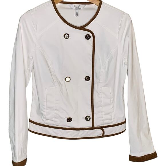 WHBM Jacket NWT Women's Size 4 White Coated Denim Contrast Piping Moto Style - Picture 1 of 6
